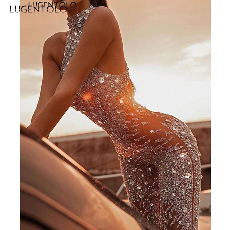 Jumpsuit Sexy Slim Women's Shiny Sleeveless Casual Sequins Straight Party Mesh Female Long Jumpsuits Lugentolo