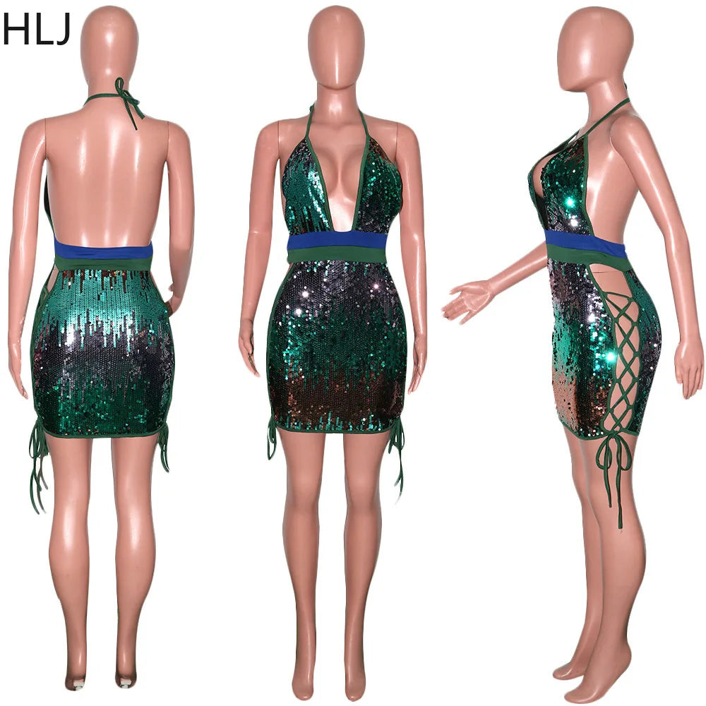 Sexy Sequin Deep V Party Nightclub Bodycon Mini Dresses Women Halter Side Bandage Slim Vestidos Fashion Print Backless Dress