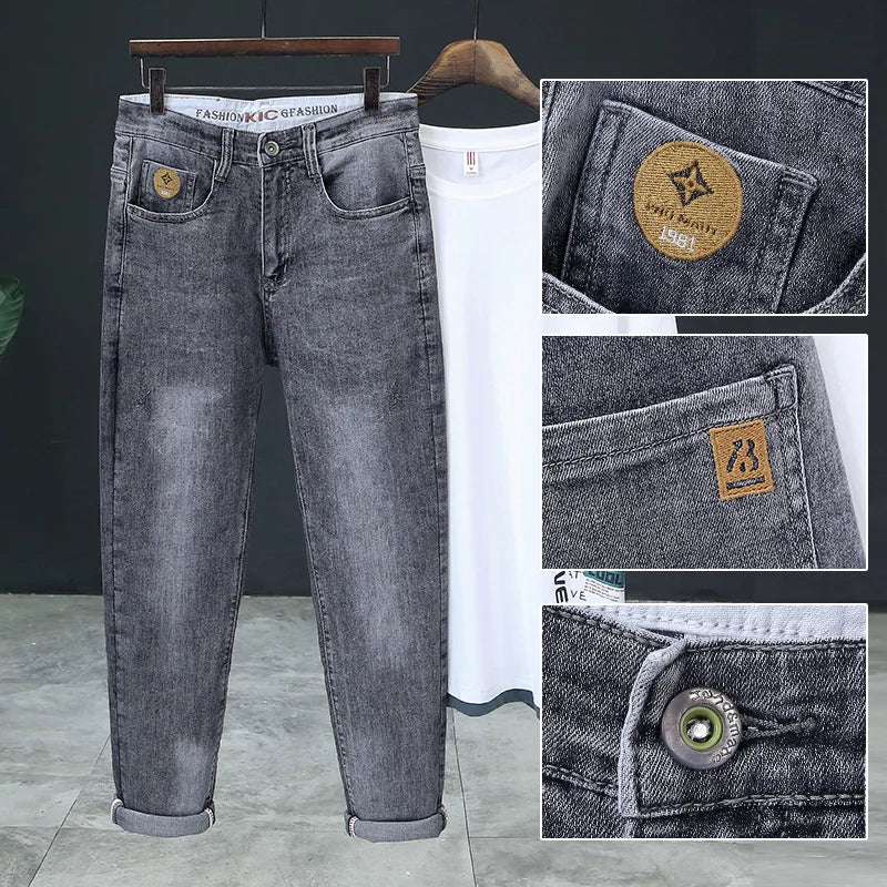 Jeans Spring and Autumn Fashion Jeans Men's Embroidery Elastic Slim Jeanadult Gentleman Comfortable Loose Senior High-end Man