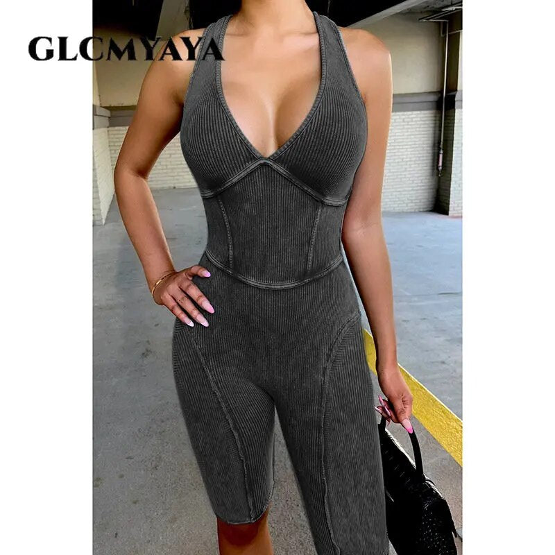 Women Cutout Back Halter Deep V-neck Tank Knee Length Knit Ribbed Jumpsuit Street Playsuit Romper One Piece Set Outfits