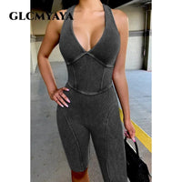 Women Cutout Back Halter Deep V-neck Tank Knee Length Knit Ribbed Jumpsuit Street Playsuit Romper One Piece Set Outfits