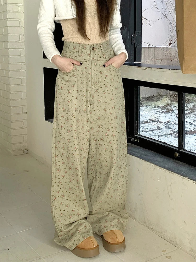 Trendy Vintage Flower Jeans Women High Waist Wide Leg Straight Pants Denim Trousers Green Floral Baggy Pants with Pocket Fashion