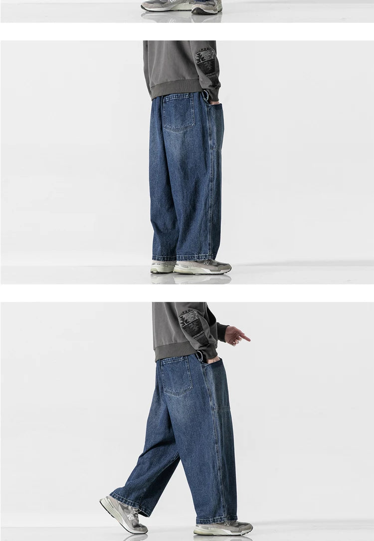 2023 Men Straight Denim Pants Men Blue Jeans Loose Trousers Male Causal Oversize Wide Leg Pants Elastic Waist Black Jeans
