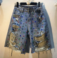 Jeans Hole Shorts Women Summer 2025 Short Pants High Waist Stretch Distressed Washed Diamonds Streetwear Straight Denims