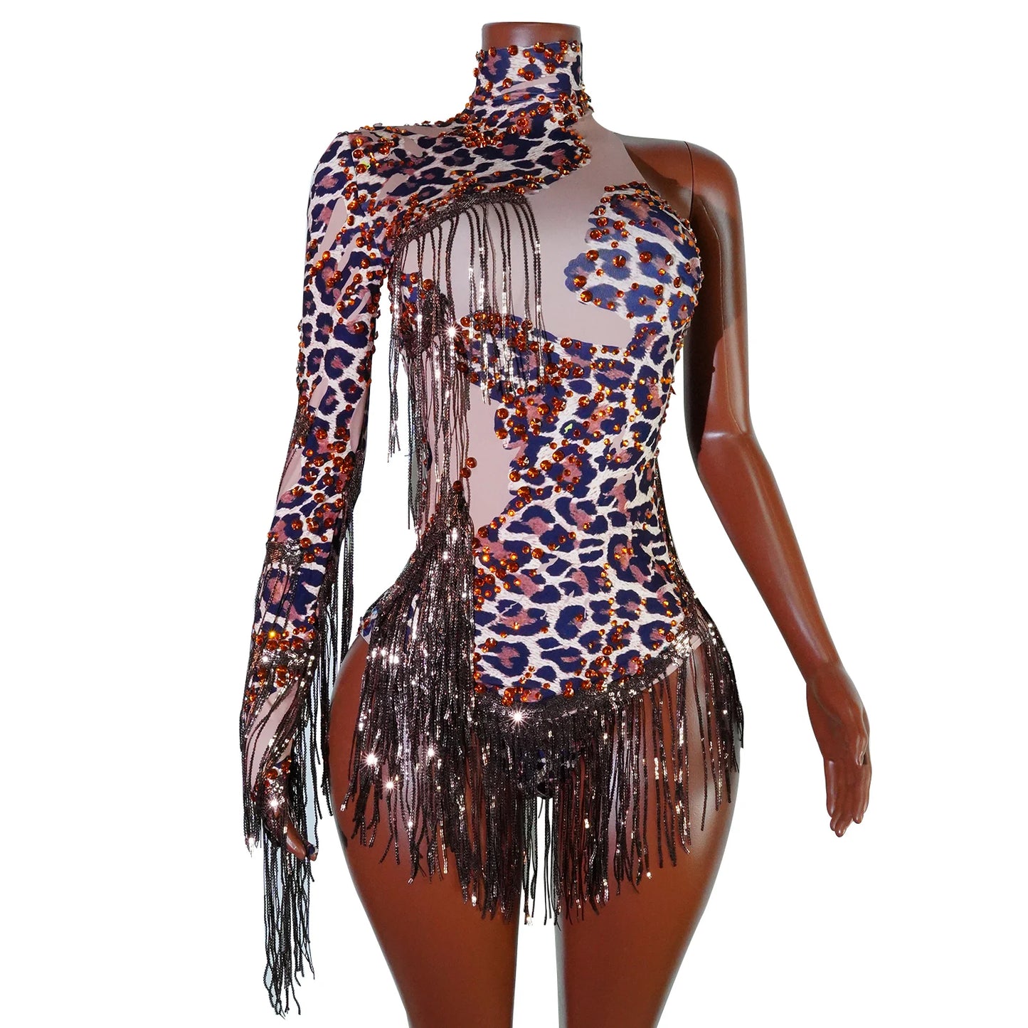 NEW womens bodysuit Sexy Leopard sequin tassels High Collar Bodycon team performance pole dance drag queen outfit singer stage