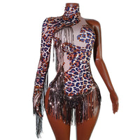 NEW womens bodysuit Sexy Leopard sequin tassels High Collar Bodycon team performance pole dance drag queen outfit singer stage