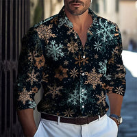 New men's 3D reindeer print shirt men's long sleeved shirt casual button loose top ethnic retro collar shirt