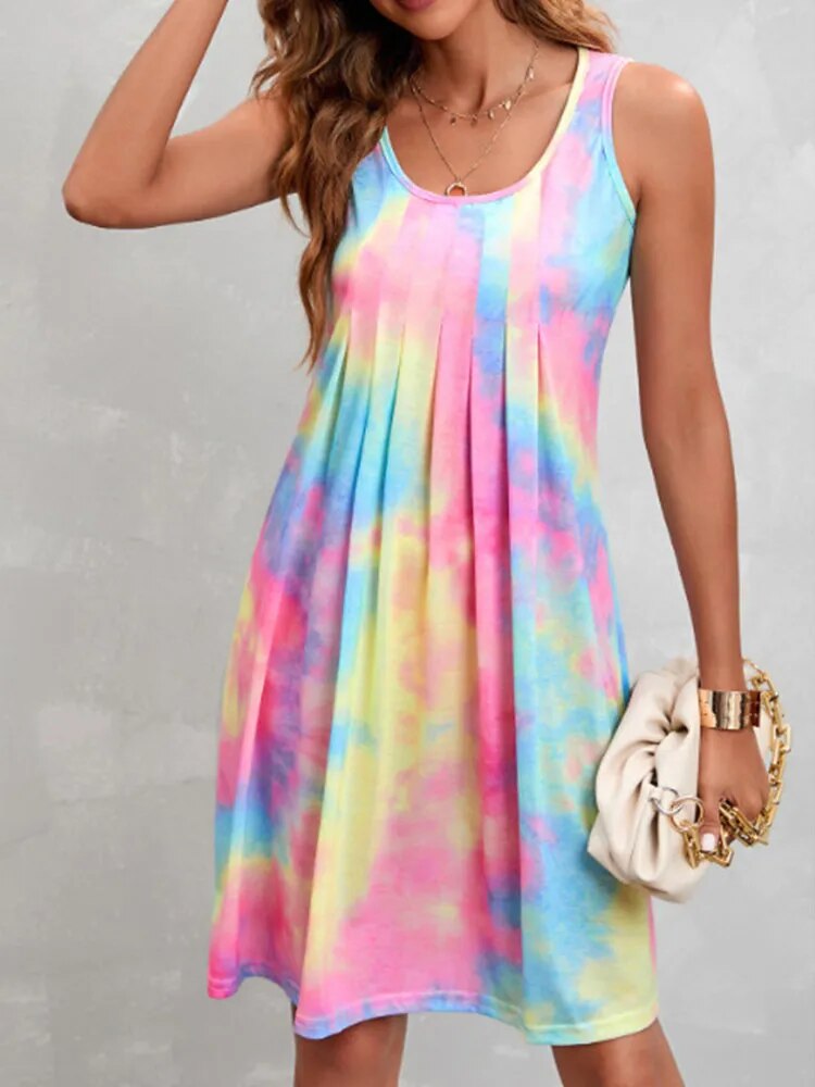 Top Women's Summer Casual Tie Dyed Dress Sleeveless Round Neck Spaghetti Strap Print Beach Dress Plus Size