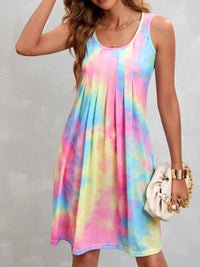 Top Women's Summer Casual Tie Dyed Dress Sleeveless Round Neck Spaghetti Strap Print Beach Dress Plus Size