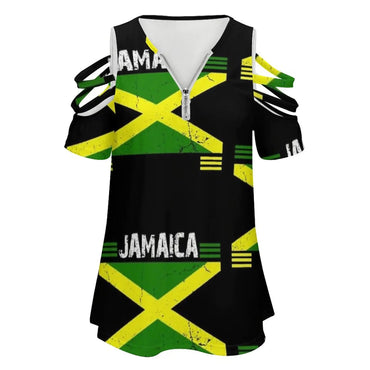 Jamaica Ensign , Jamaika Flag , Reggae , Rasta , Colors New Fashion Zip Off Shoulder Top Short-Sleeve Women Shirt Reggae