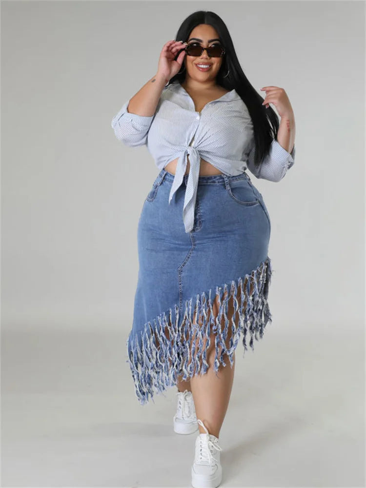 Wmstar Plus Size Only Skirts Women's Clothing Denim Maxi with Tassel Sexy Bodycon New In Outfits Wholesale Dropshipping 2023