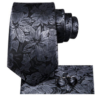 Hi-Tie Fashion 8.5cm Black Grey Floral Mens Elegant Tie Handkerchief Cufflinks Set Wedding Party Accessories Gift for Men Gravat