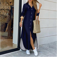 Sexy Long Dress Long Sleeve Shirt Women's Denim Long Dress Pocket Button Shirt