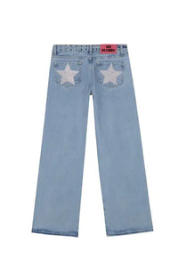 ONE DILEMMA American Fashion Jeans Womens Red Five Pointed Star Sequined Rivet Baggy Jeans Y2K Casual Mid Rise Slim Trousers