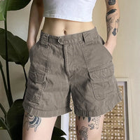 Y2K Grunge Gray Casual Denim Summer Shorts For Women Pockets Stitch Straight Leg Short Jean Pants Vintage Y2K Streetwear Cargos