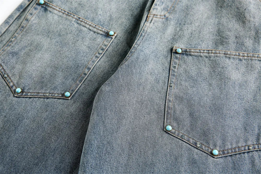 Ripped Jeans Mens With Rivets Pocket Retro High Street Washed Distressed Loose Wide leg Denim Pants Men