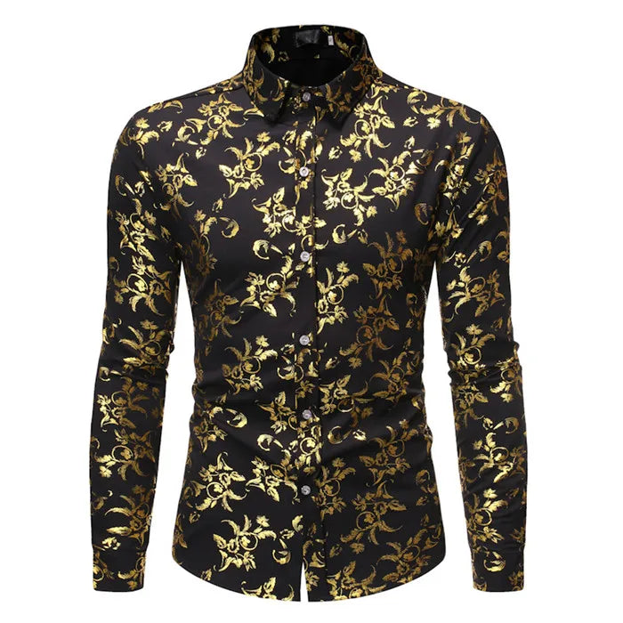 Mens Gold Rose Floral Print Shirts Brand Floral Steampunk Chemise White Long Sleeve Wedding Party Bronzing Camisa Masculina New