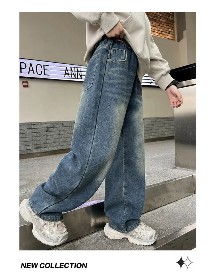 Boys Jeans 2024 Autumn&winter New Teenage Children Plus Fleece Warm Pants Boys Fried Street Handsome Pants Kids Denim Trousers
