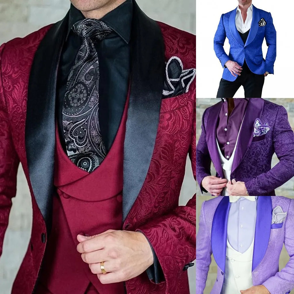 Tailor-Made Burgundy Wedding Men Suits Slim Fit Tuxedo 3 Pieces Suits Groom Prom Jacquard Blazer Terno Masculino Suits