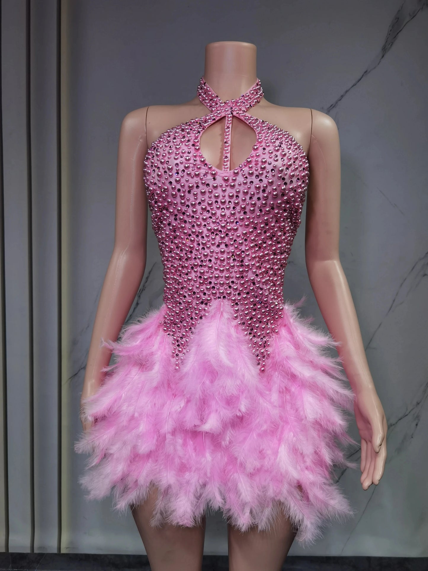 Fashion 2025new sexy Latin dance dress with airy hollow design, feather skirt hanging neck skirt