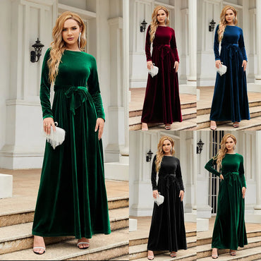 Spring Autumn Elegant Red Long Dress Velvet Solid Color Premium  Formal Evening Vestidos Festa Luxo Rojo Maxi Dresses for Women