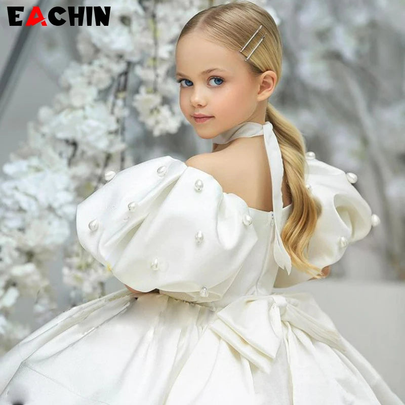 Baby Girls Birthday Dress Kids Elegant Retro Princess Dresses New Fashion Puff Sleeve Pearls Prom Dress for Girl Party Clothing