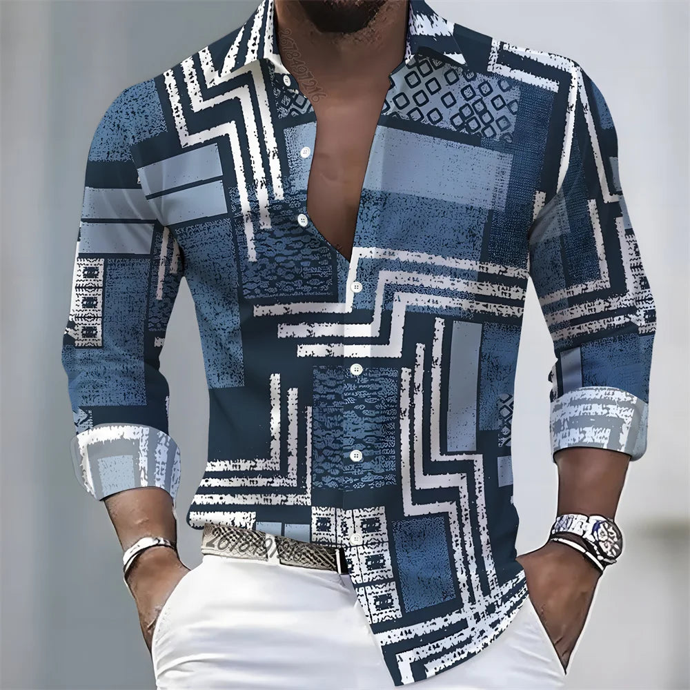 American retro patchwork print men's long-sleeved shirt, casual spring and autumn turn-down collar cardigan, plus size men's top
