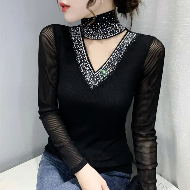 New 2025 Spring Autumn Long Sleeve T-Shirt Fashion Casual Turtleneck Diamond Woman Tee Elegant Slim Women's Tops Blusas