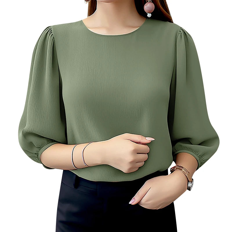 ZANZEA Women Crinkled Texture Puff Sleeve Blouse, Elegant O Neck 3/4 Sleeve Blusas Mujer, Summer Fashion Solid Color Casual Tops