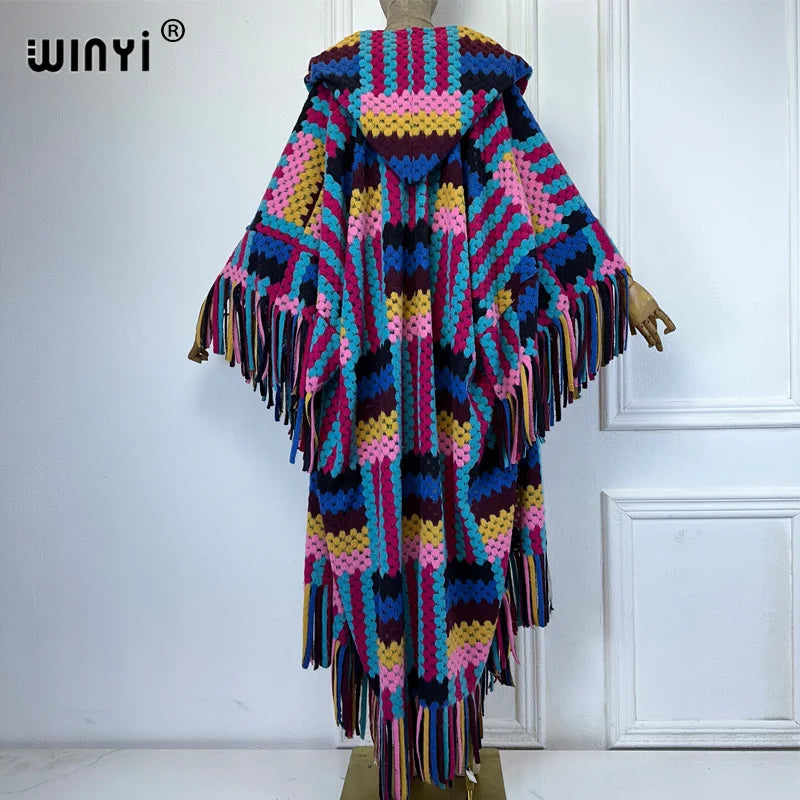 WINYI African Winter color printed tassel hooded cardigan woman abaya outfits for women coat Open Front Kimonos long down poncho