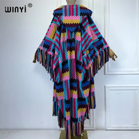 WINYI African Winter color printed tassel hooded cardigan woman abaya outfits for women coat Open Front Kimonos long down poncho