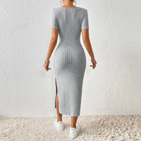 Women Short Sleeve Dress Soft Knitted Elegant Bodyon Dress Casual Skinny Slim Fit Pullover Commuting Midi Dress