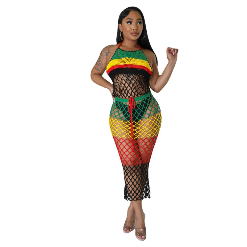 Rainbow Color Hand Knitted Bikini Cover Ups Women Sexy Hollow Out Fishnet Lace Up Halter Backless Holiday Summer Beach Dress