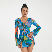 New Fashion Women Mini Dress Long Sleeve Lacing Tie-Dye Print Patchwork Slit Bodycon Dress For Club Party Streetwear S M L