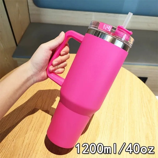 40oz 304 stainless steel vacuum insulated water cup with handle, straw cover, car portable sports travel cup leak proof design