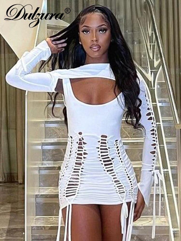 Dulzura Autumn Bandage Ruched Neon Y2K Clothes Hollow Out 2 Pieces Long Sleeve Backless Bodycon Mini Dresses For Women 2022 Club