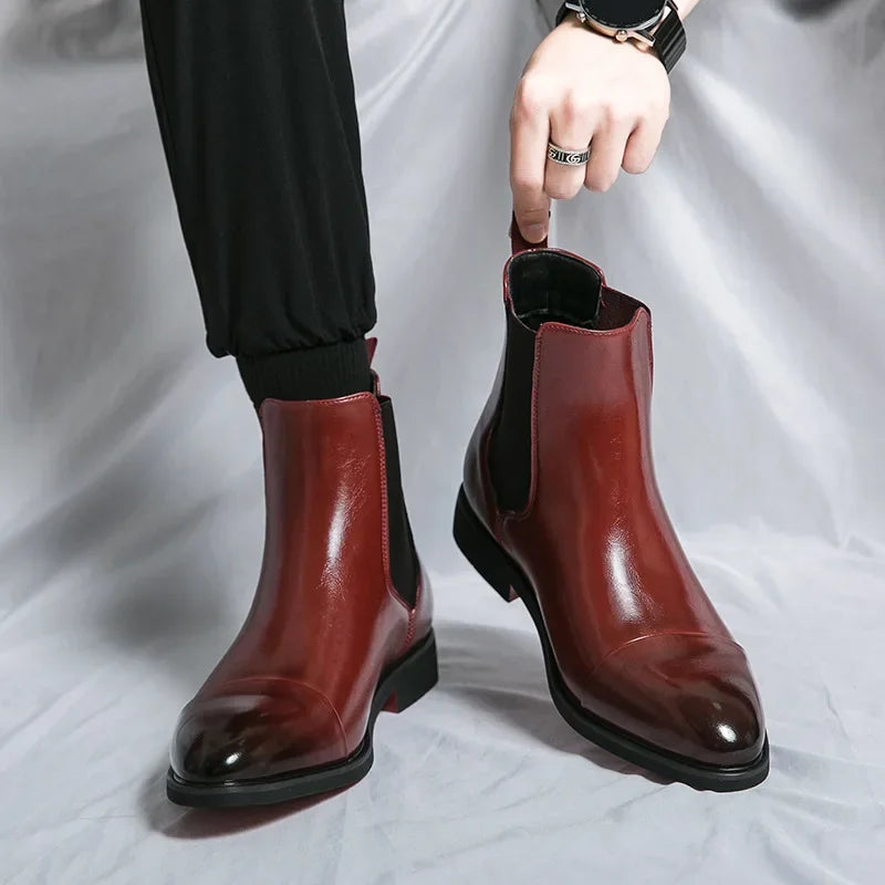 Men's Boots Business Ankle Boots Red Sole Pointed Toe Dress Boots British High Top Leather Shoes Slip-On Casual Men Chelsea Boot