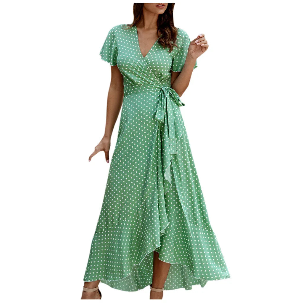 Ladies Bohemian Polka Dot Chiffon Dress Sexy V Neck Short Sleeve Split Maxi Sundress Summer Wrap Dresses For Women