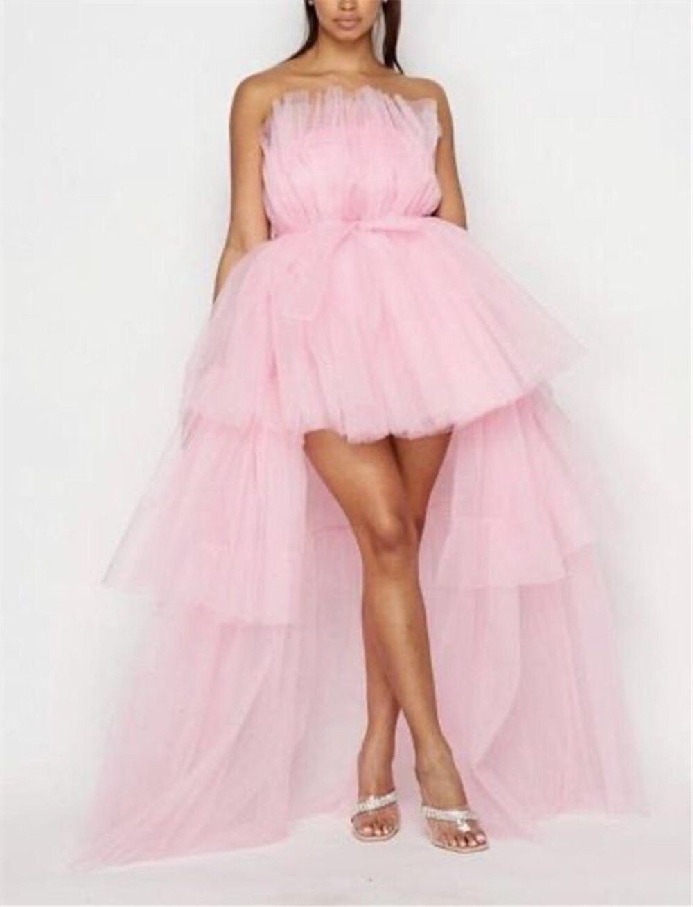 Hot Sale Elegant Womens High Low Tulle Dress Strapless Solid Color Tiered Cocktail Party Dress Prom Gown Black Pink Purple