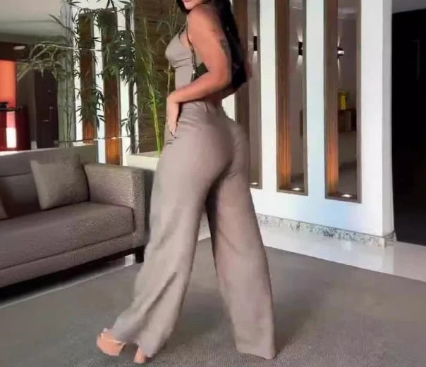 Sexy Hot Girl Two Piece Set 2024 Summer Sexy V-Neck Strap Sleeveless Elastic Tank Top High Waist Wide Leg Pants Set Women's Set