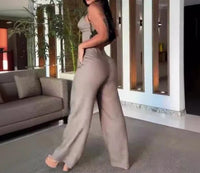 Sexy Hot Girl Two Piece Set 2024 Summer Sexy V-Neck Strap Sleeveless Elastic Tank Top High Waist Wide Leg Pants Set Women's Set