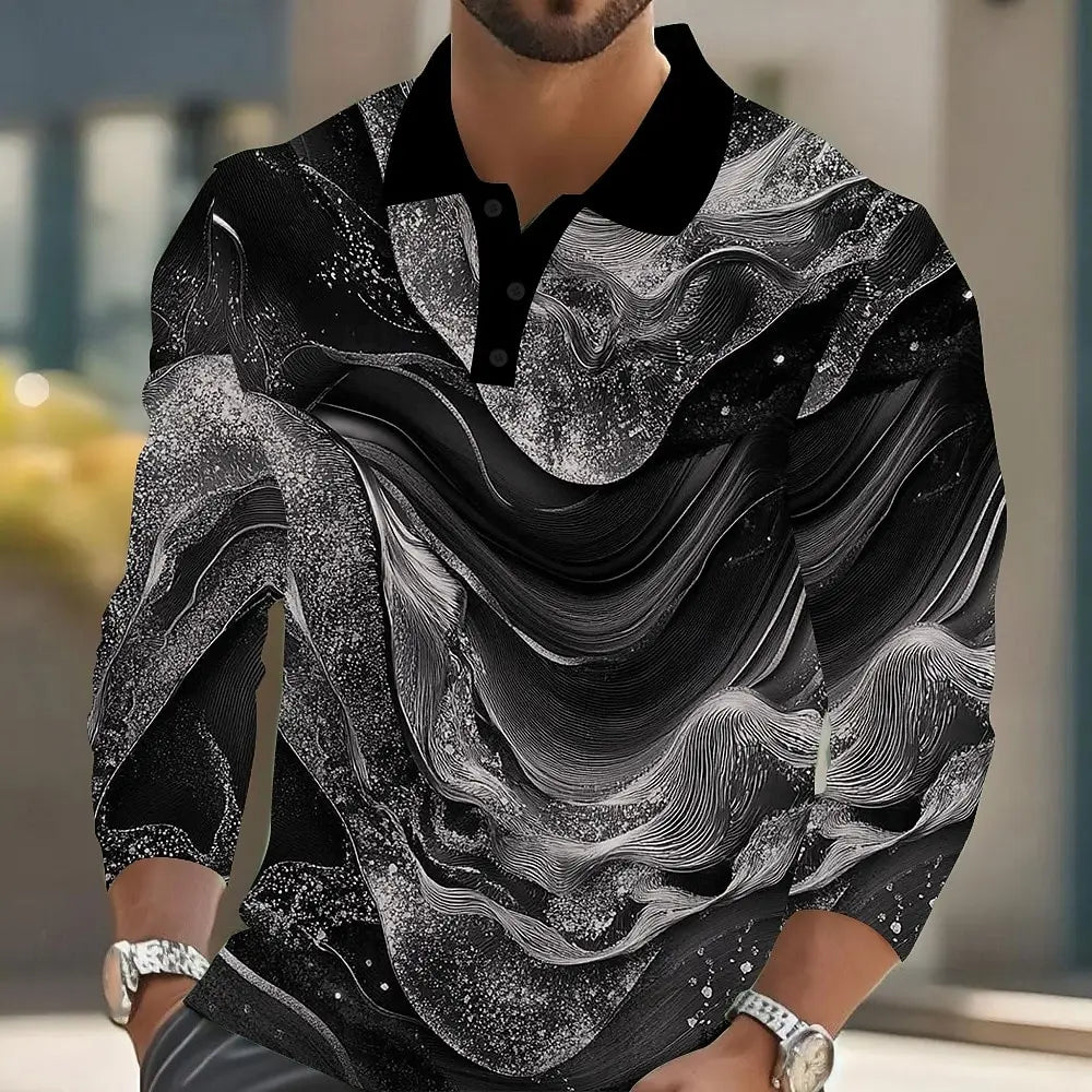 2025 Men's Abstract Marble Long Sleeve Polo Shirt Breathable Business Casual Top Slim Fit Quick Dry Multi Colors Fall Winter