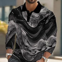2025 Men's Abstract Marble Long Sleeve Polo Shirt Breathable Business Casual Top Slim Fit Quick Dry Multi Colors Fall Winter