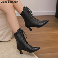 2025 New Lace Up Ladies High Heel Shoes Strange Steampunk Boot Victorian Ankle Boots Women Pointed Toe Thick Soled Short Boots
