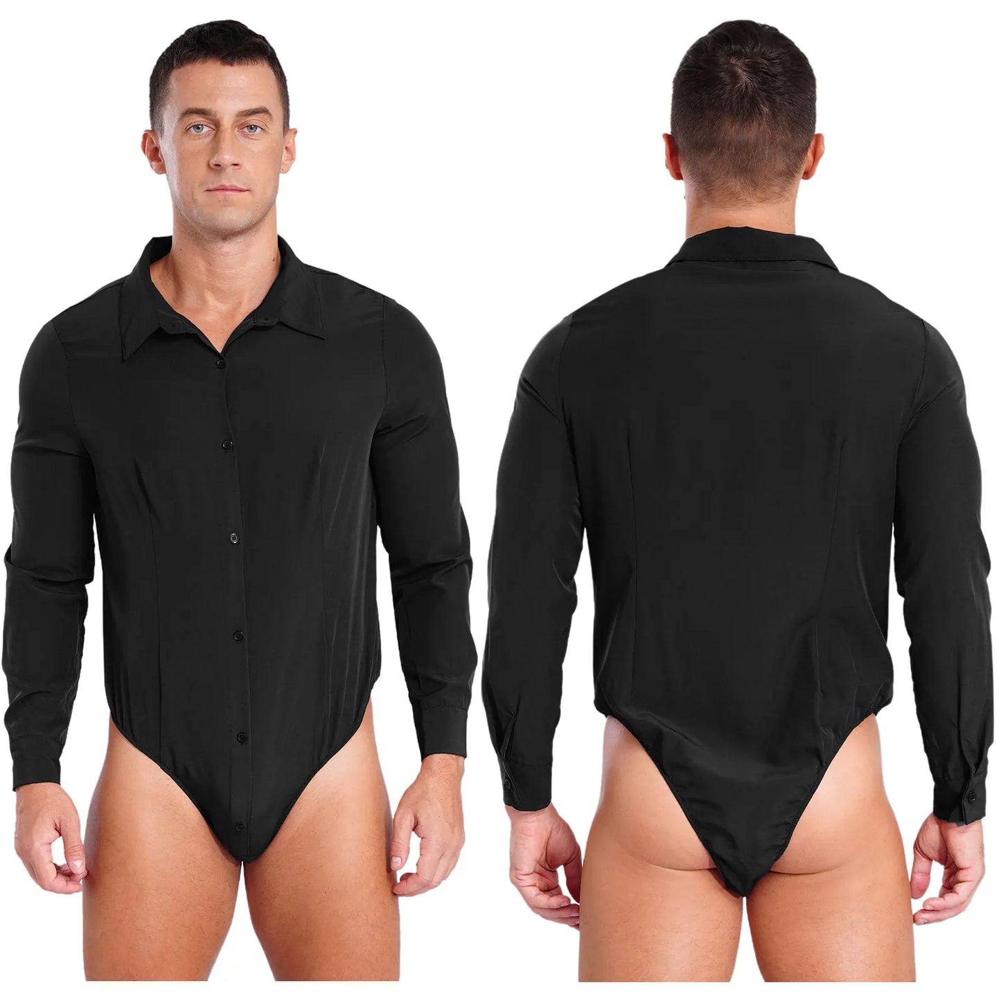 Mens Button Down Easy Care Work Bodysuit Shirt Swimsuit Solid Color One-Piece Jumpsuit Turn-down Collar Long Sleeve Body Tops