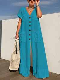 New Summer V-neck Single-breasted Women's Jumpsuits Fashion Pocket Elegant Office Rompers Casual Loose Oversized Women Jumpsuit