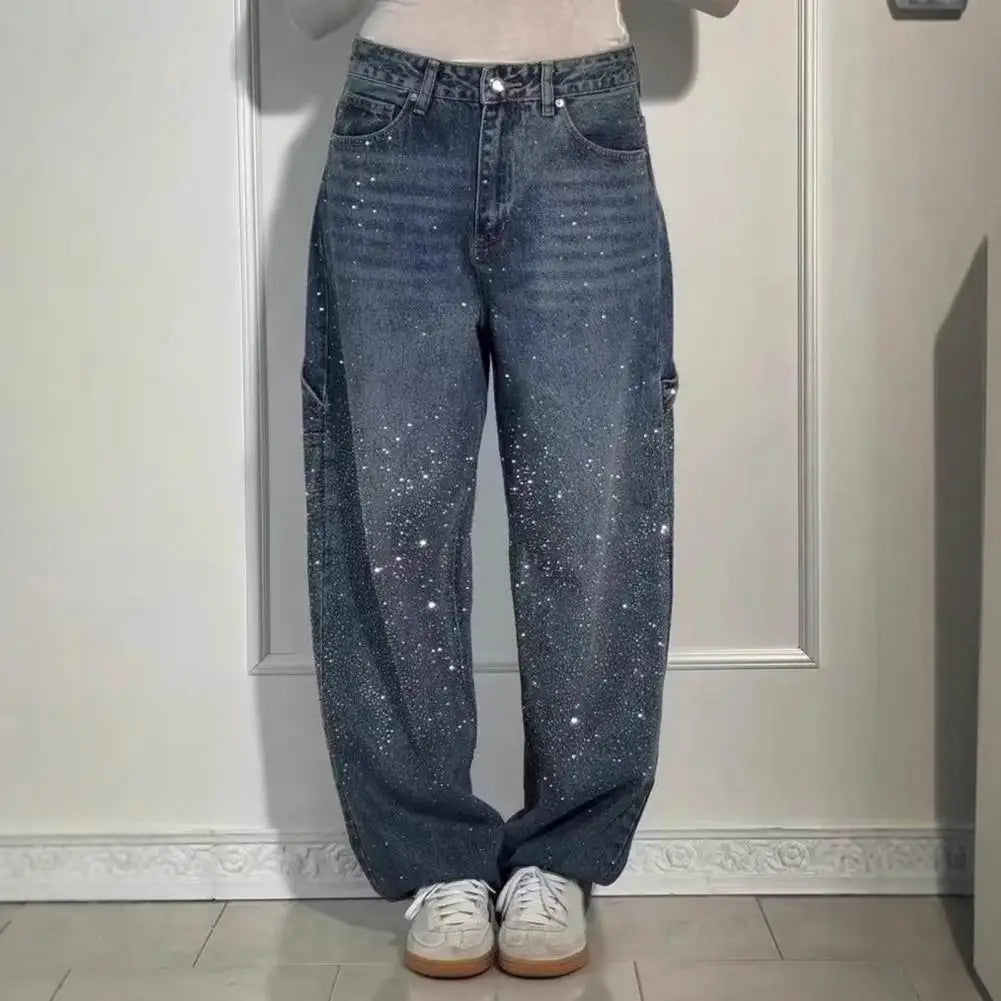 Women's Sparkly Harem Jeans High Waisted Baggy Wide Leg Bling Jeans Casual Straight Leg Denim Pants for Streetwear
