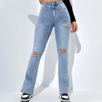 Women'S Fashion Ripped Foot Side Slit Slim Stretch Pants Jeans Pantalones De Mujer CalçA Pantalona Feminina брюки женские