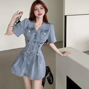 French Elegant Dresses V Neck Puff Sleeve Solid Color Bandage Jean Dress Summer Female Slim Fashion Vintage Women Clothes 2023