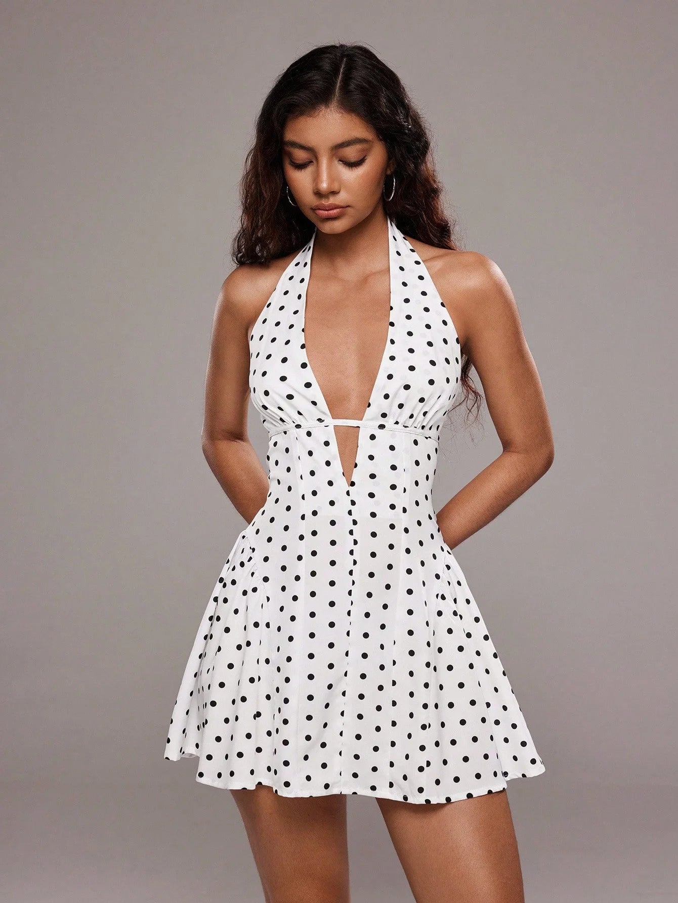 Ladies' summer sexy polka dot print backless hanging neck mini dress